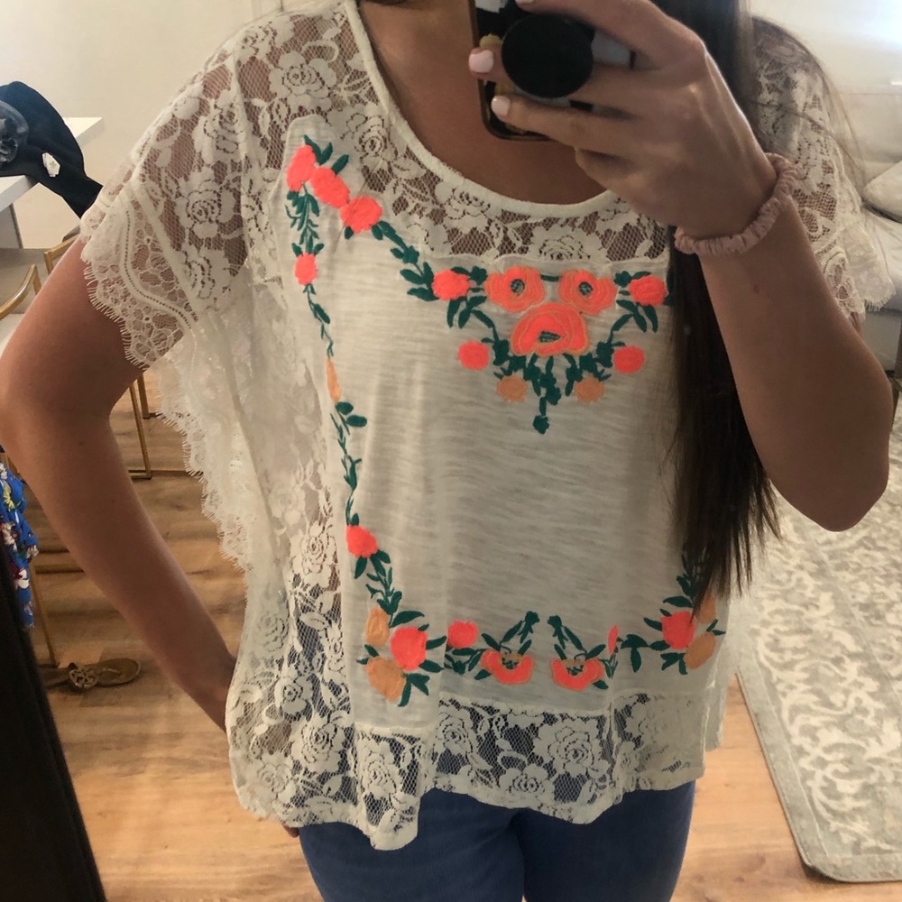 White Lace Top With hot pink floral embroidery